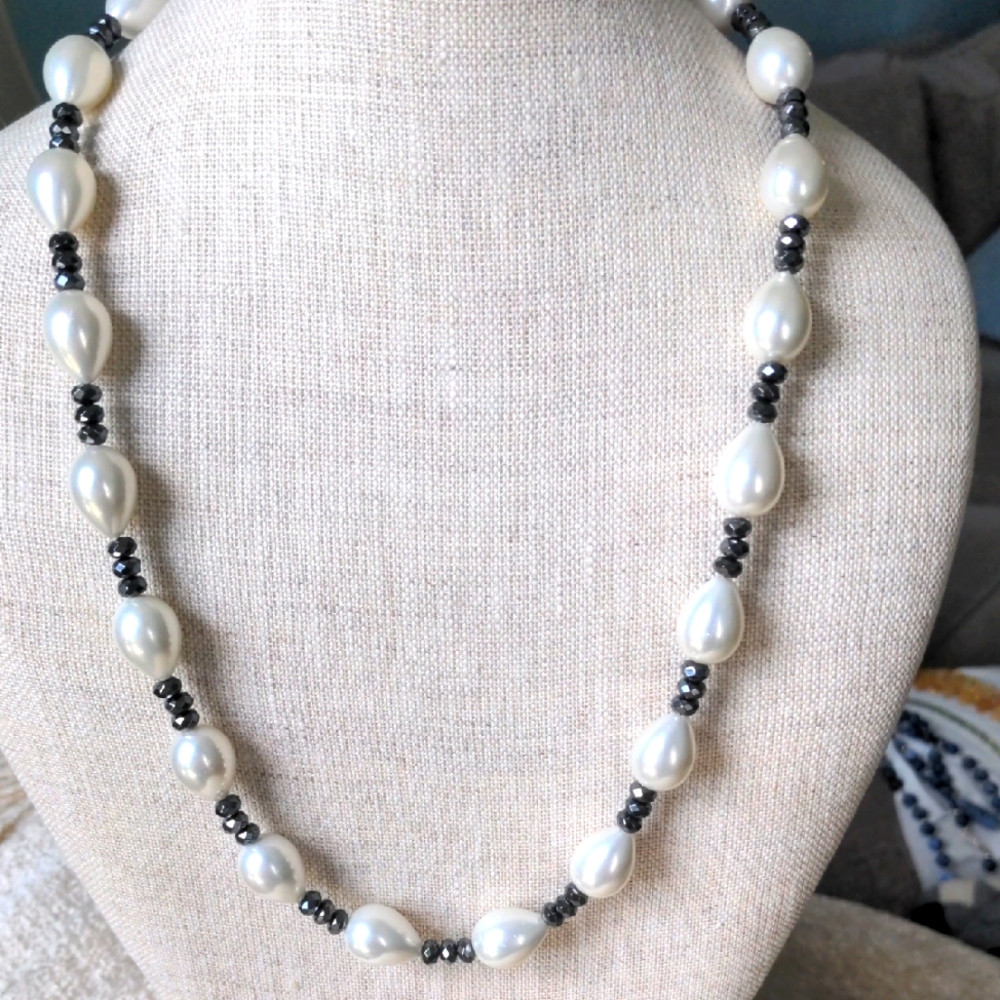 White Pearl & Black Hematite Bead Necklace. New, 24", Silver Bali Toggle Clasp.